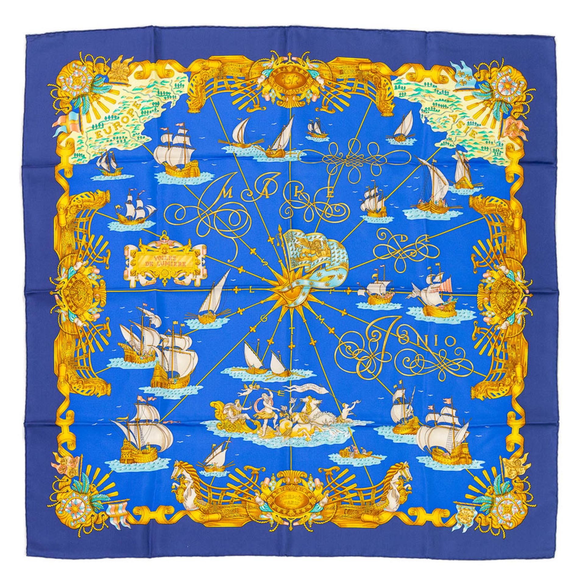 Hermès Paris, a silk scarf 'Mare De Jonio'. (L: 88 x W: 88 cm)