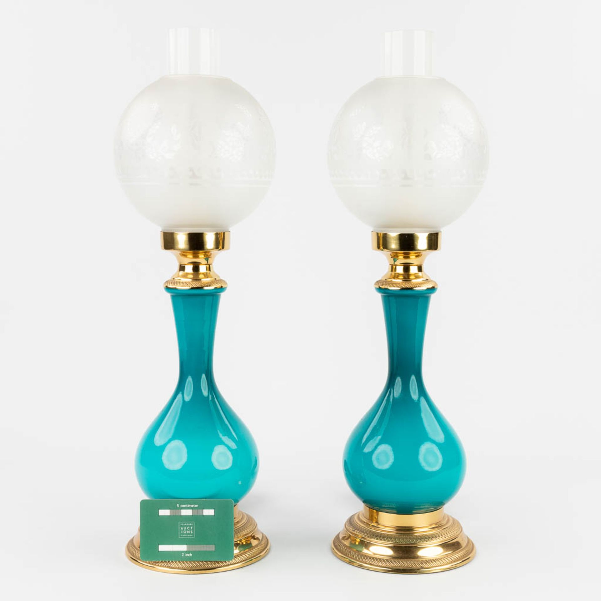 A pair of table lamps, opaline blue glass mounted with bronze. 20th C. (H: 49 x D: 15 cm) - Image 2 of 11