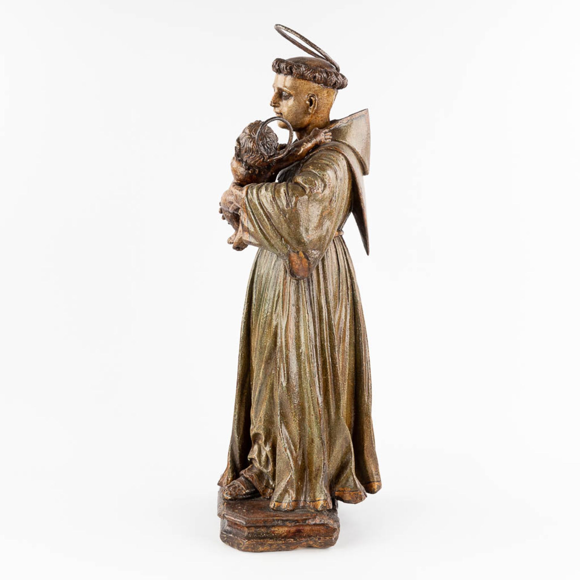 An antique wood-sculptured and polychrome figurine of Saint Anthony with a child. 18th century. (W: - Image 6 of 12