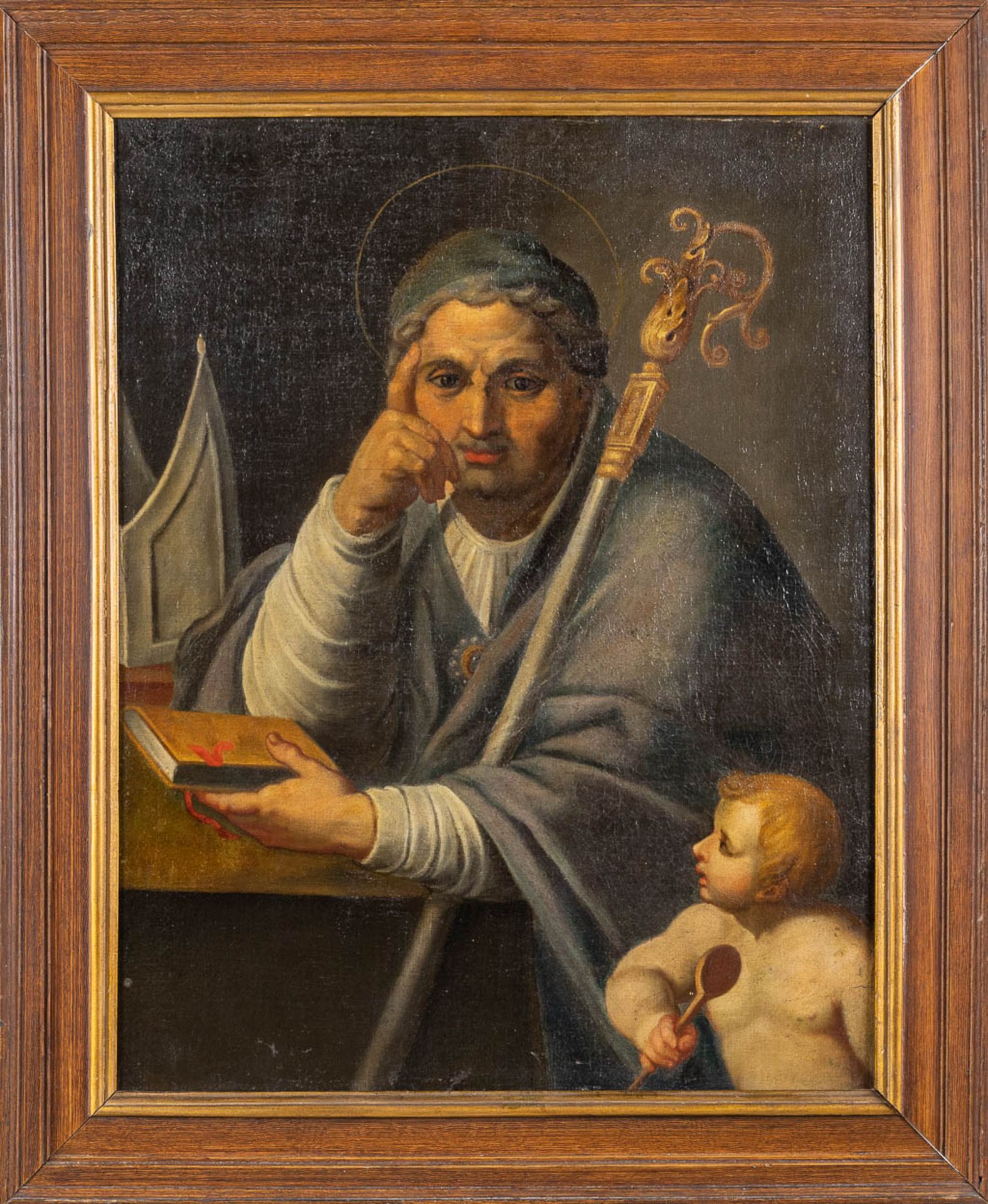 An antique painting, 'Saint Augustine with a staff and putto' oil on canvas. 18th C. (W: 60 x H: 75 - Image 3 of 8