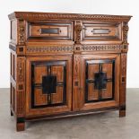 An antique 4-door cabinet 'Flemish Renaissance' oak and ebony, 18th C. (L: 68 x W: 162 x H: 144 cm)