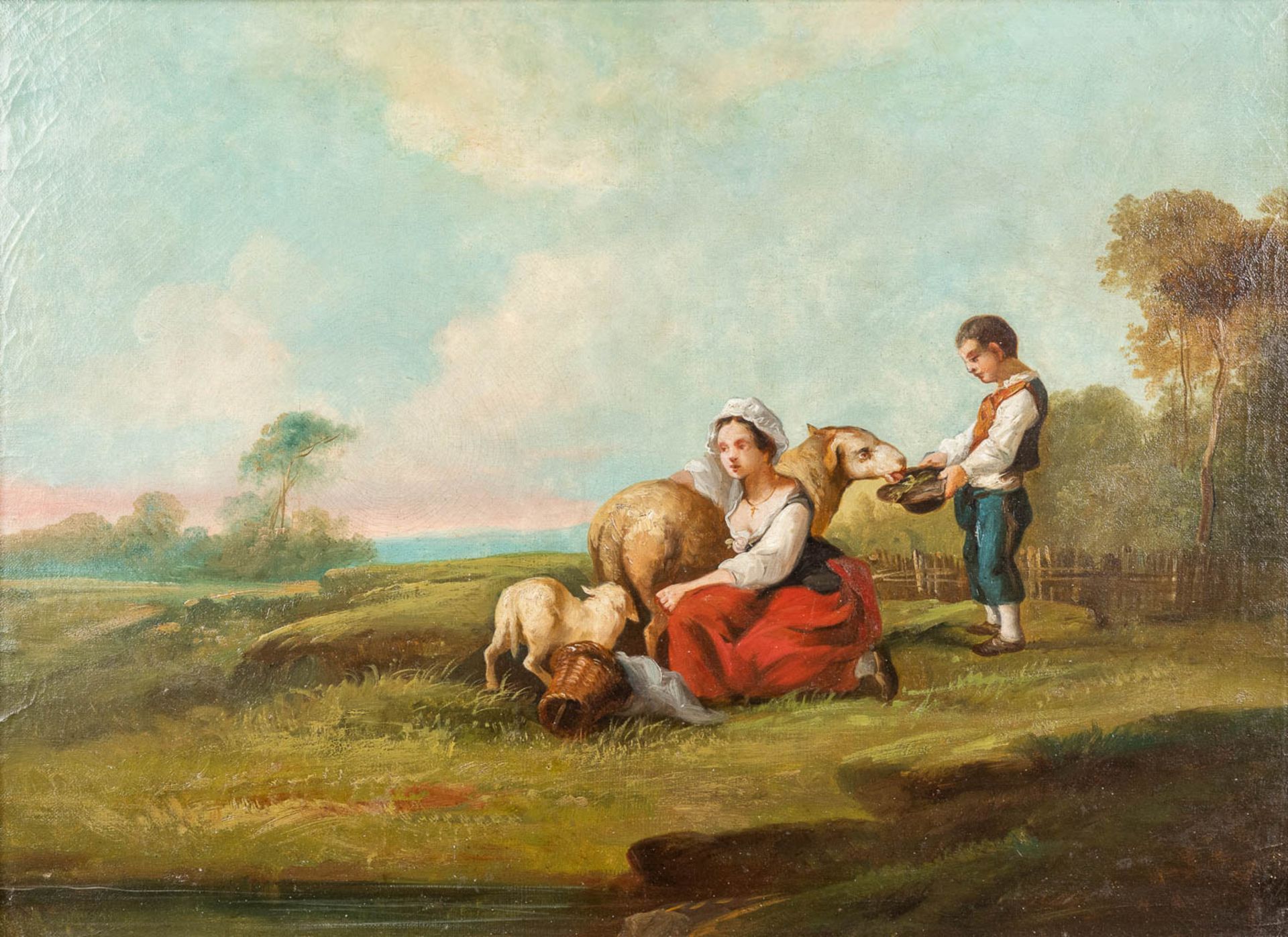 'Feeding the sheep, a painting, oil on canvas. 18th C. (W: 65 x H: 47 cm)