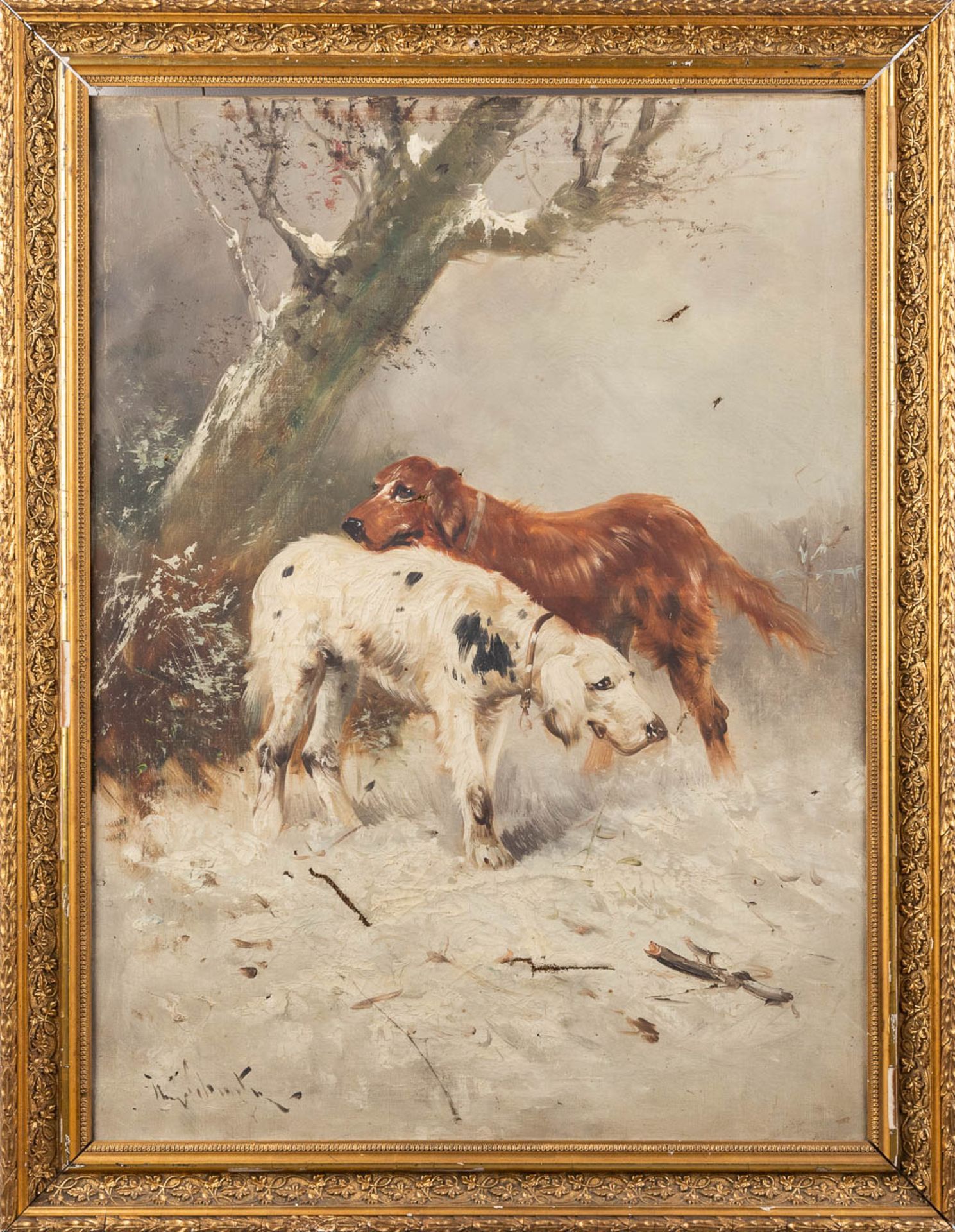 Henry SCHOUTEN (1857/64-1927) 'Dogs in the snow' oil on canvas. (W: 60 x H: 80 cm) - Image 3 of 12