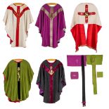 A set of 4 modern Chasubles, a Humeral Veil, Stola, Brusa and Chalice Veils.