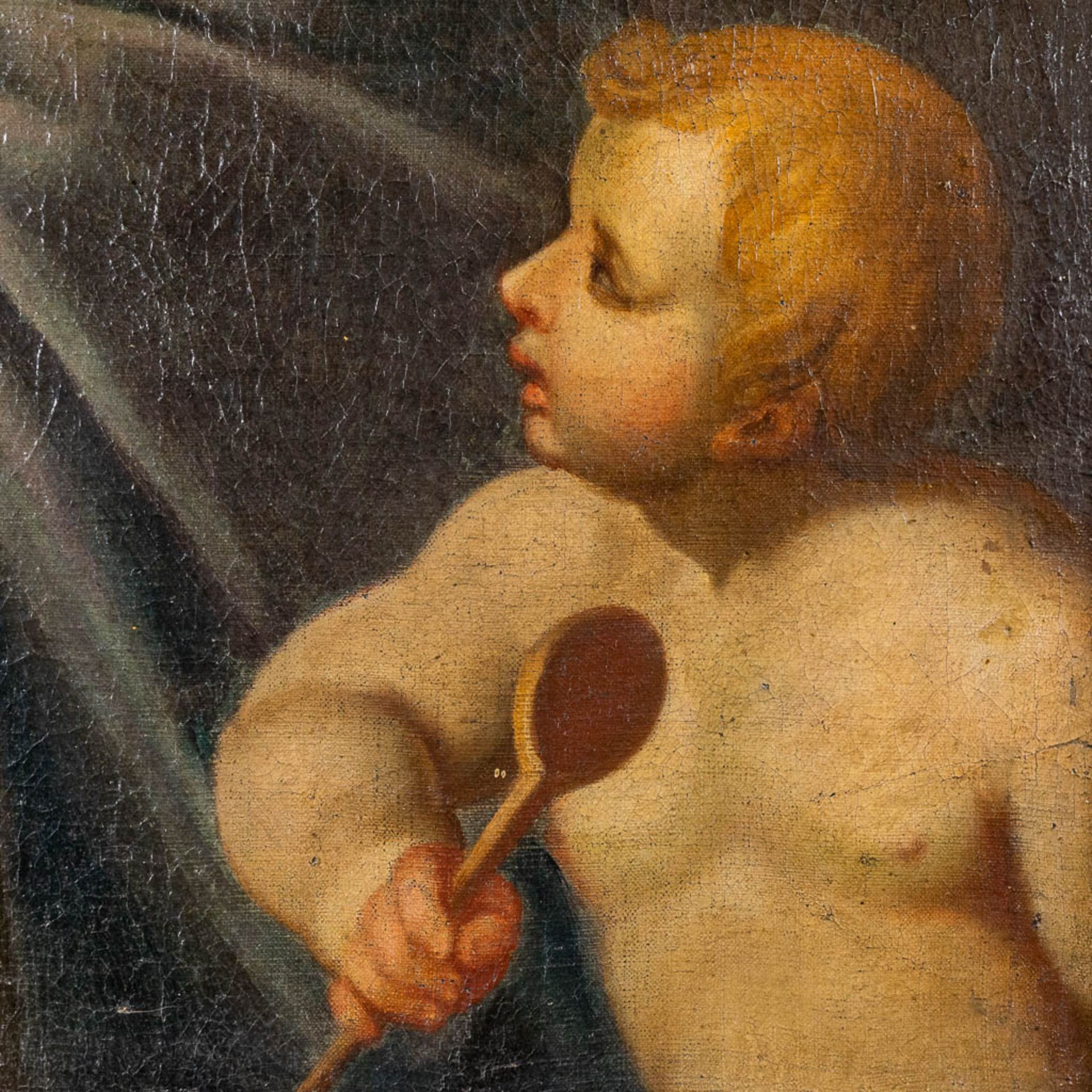 An antique painting, 'Saint Augustine with a staff and putto' oil on canvas. 18th C. (W: 60 x H: 75 - Image 6 of 8