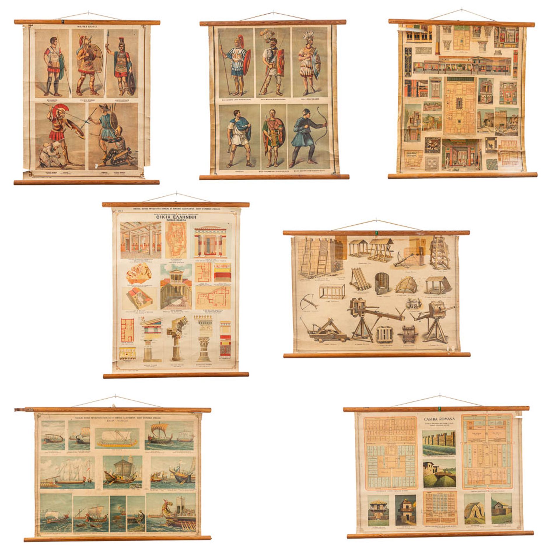 A collection of 7 antique and decorative school posters, Greek and Roman warriors, Ships and houses.
