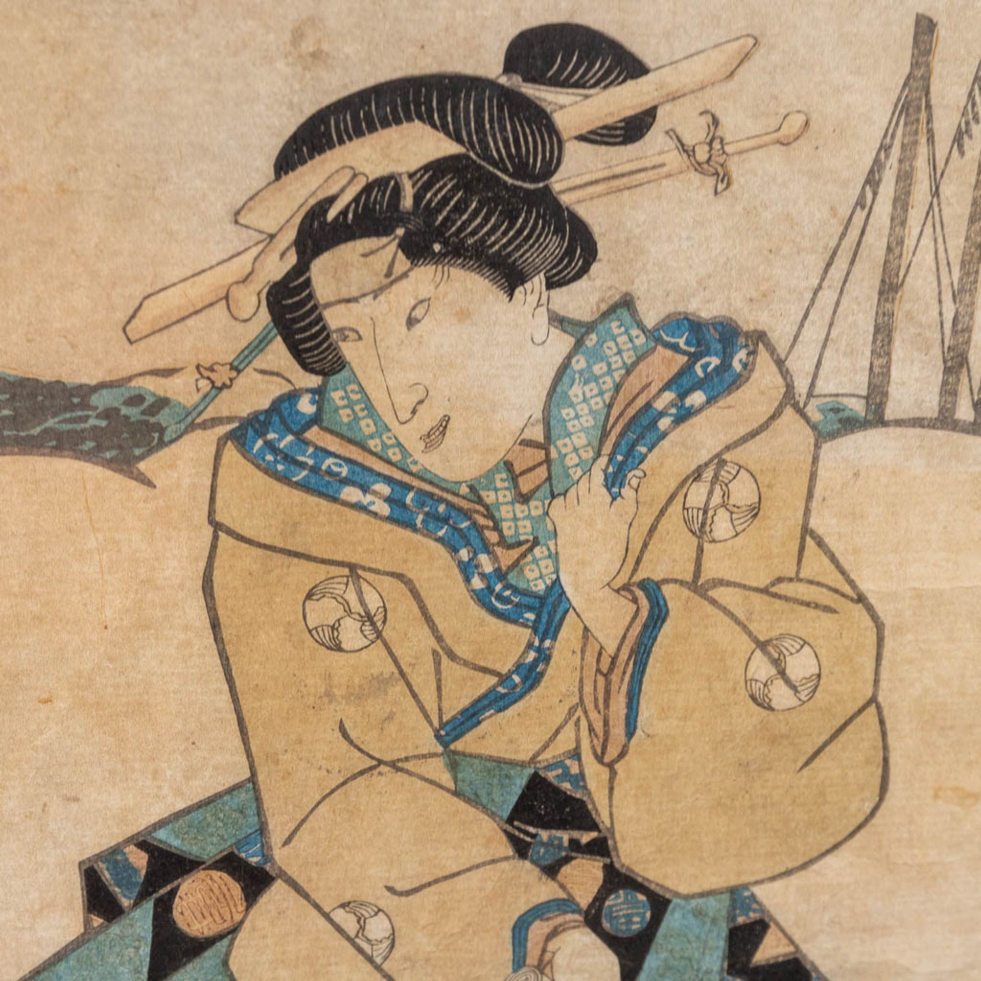 Toyokuni I UTAGAWA (1769-1825) a set of 2 woodcuts, hand coloured. (W: 23,5 x H: 36 cm) - Image 6 of 13