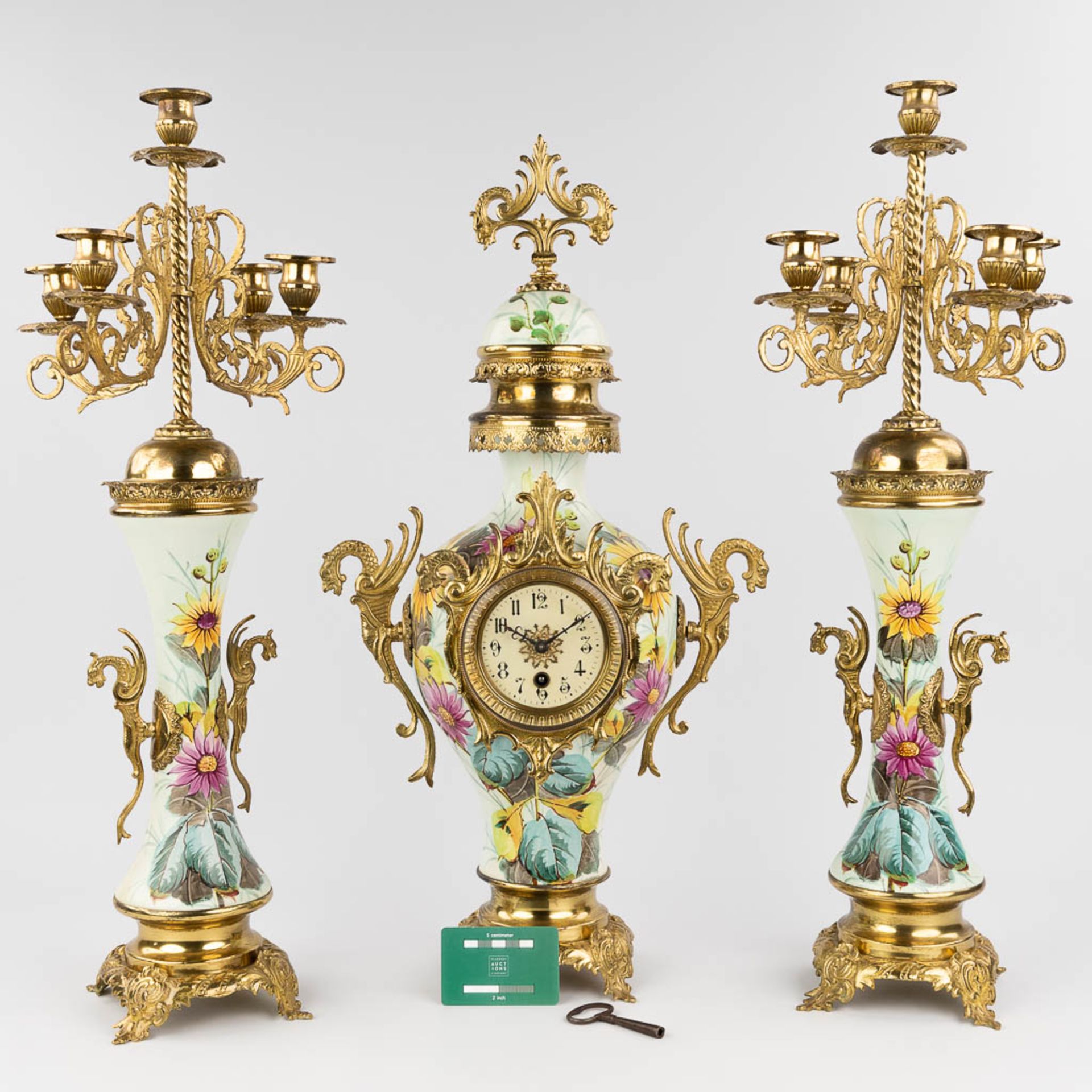 A three-piece mantle garniture clock and candelabra, circa 1900. (W: 34 x H: 63 cm) - Image 2 of 14