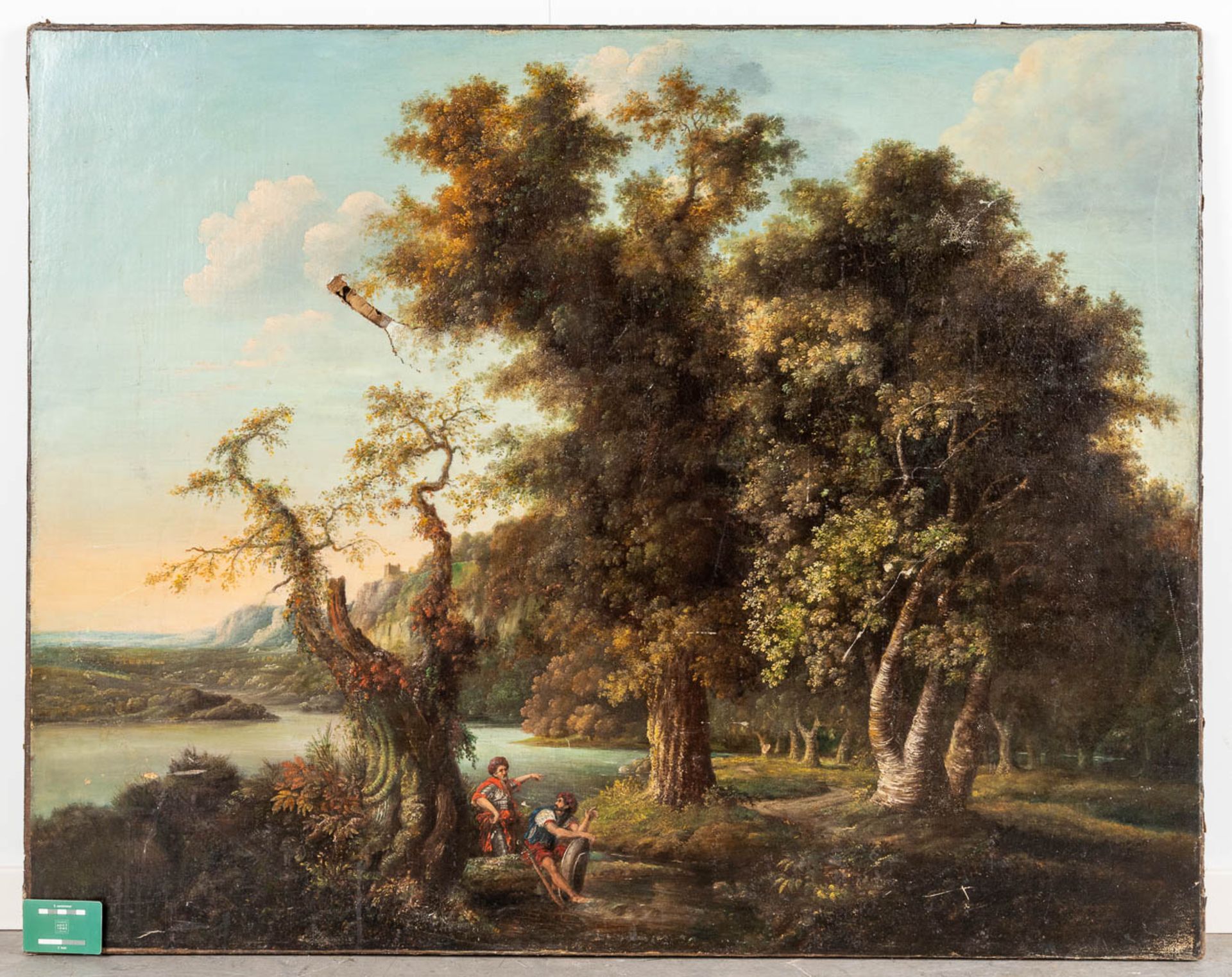 An antique painting, 'Landscape with figurines' oil on canvas. 17th century. (W: 124 x H: 98 cm) - Image 2 of 10
