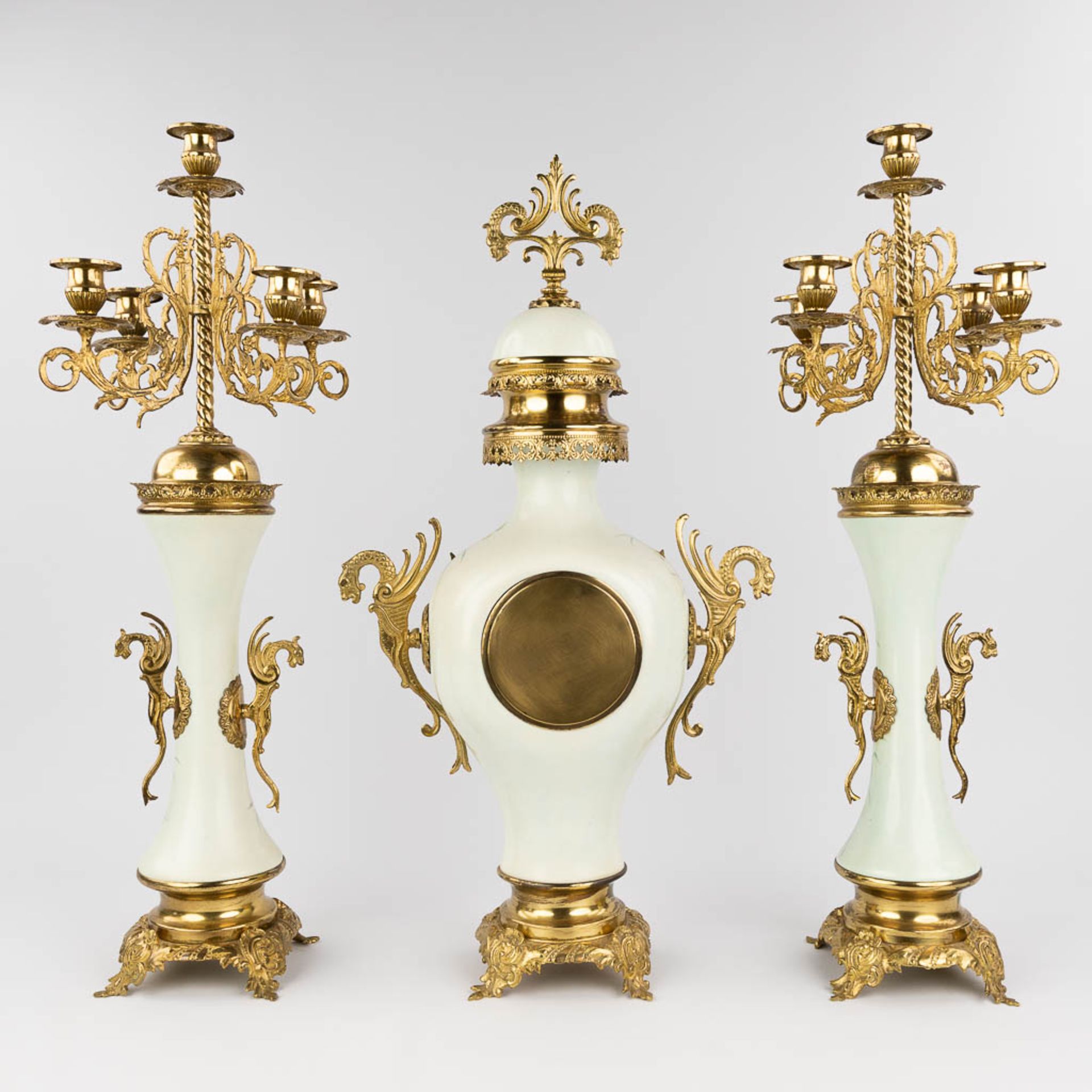 A three-piece mantle garniture clock and candelabra, circa 1900. (W: 34 x H: 63 cm) - Image 6 of 14