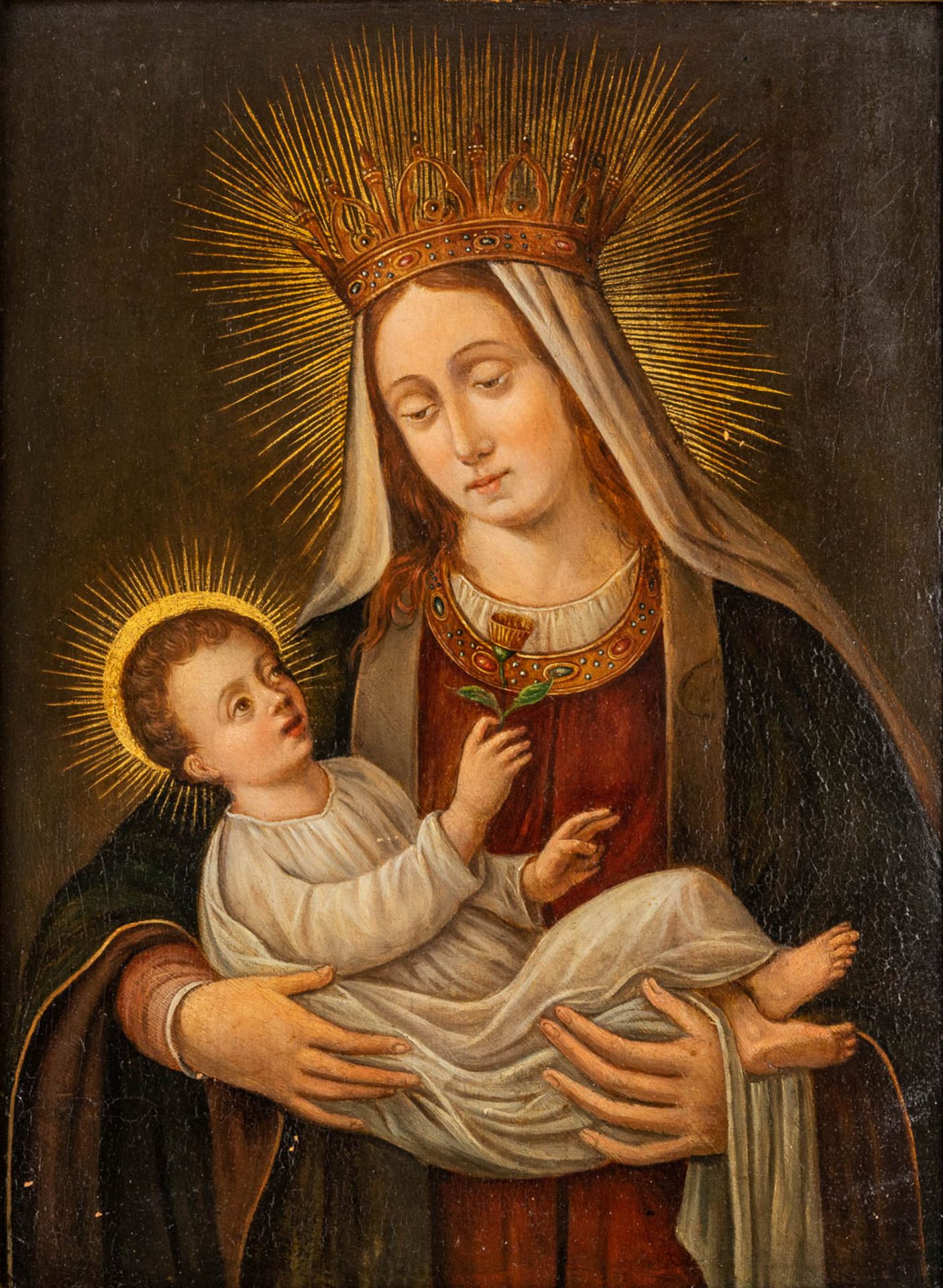 Virgin Mary with child', an antique painting, oil on panel. 16th/17th C. (W: 27 x H: 36,3 cm)