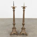 A pair of church candlesticks, bronze standing on claw feet. 19th century. (L: 19 x W: 19 x H: 78 cm