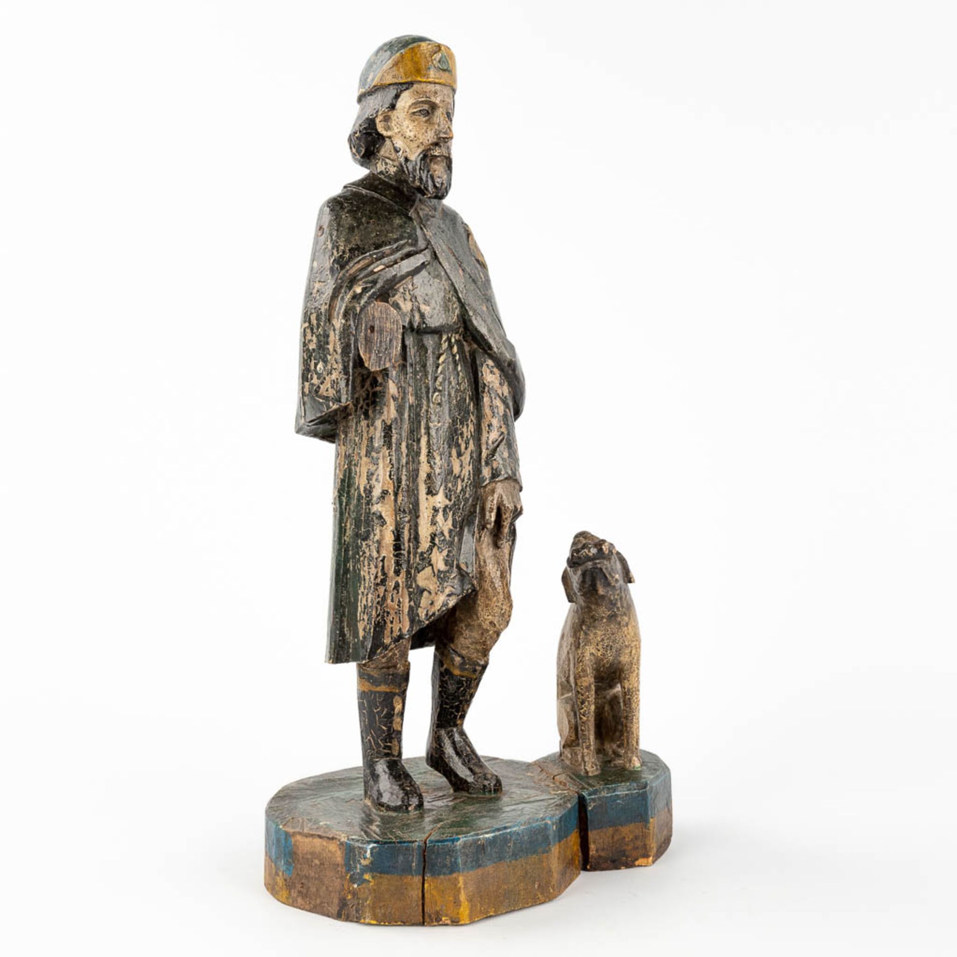 An antique wood sculpture 'Saint Rochus and his dog'. 19th C. (L: 14 x W: 19,5 x H: 37 cm) - Image 3 of 11