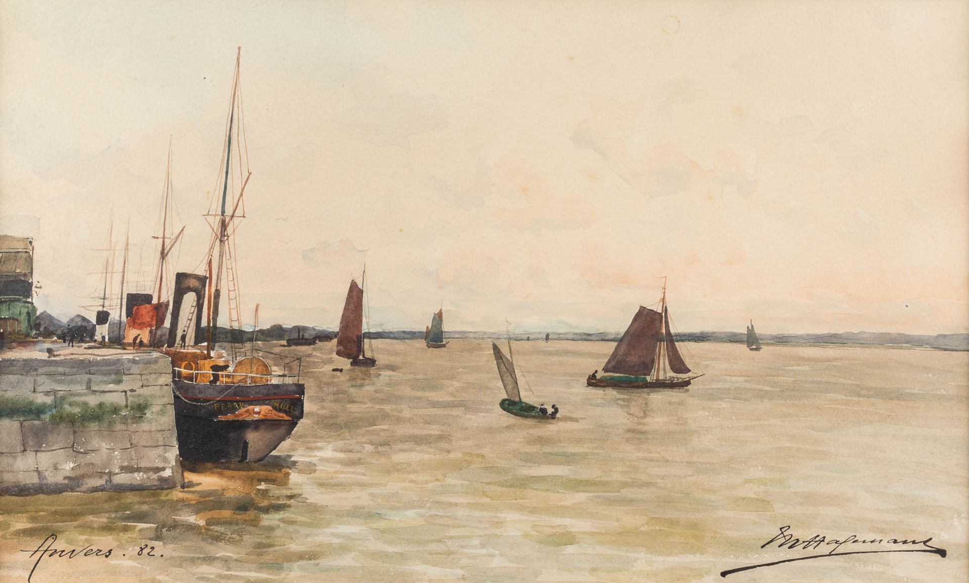 Maurice HAGEMANS (1852-1917) 'Scheldekaai Antwerp' watercolour on paper. 1882. (W: 50 x H: 30 cm)