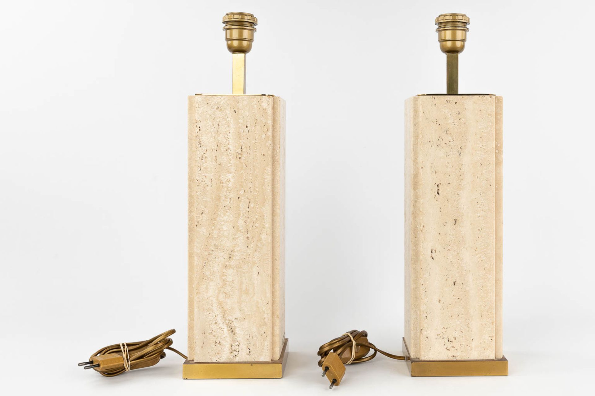 Camille BREESCHE (XX) 'Pair of table lamps' Brass and Travertine. (L: 13 x W: 13 x H: 49 cm) - Bild 4 aus 12