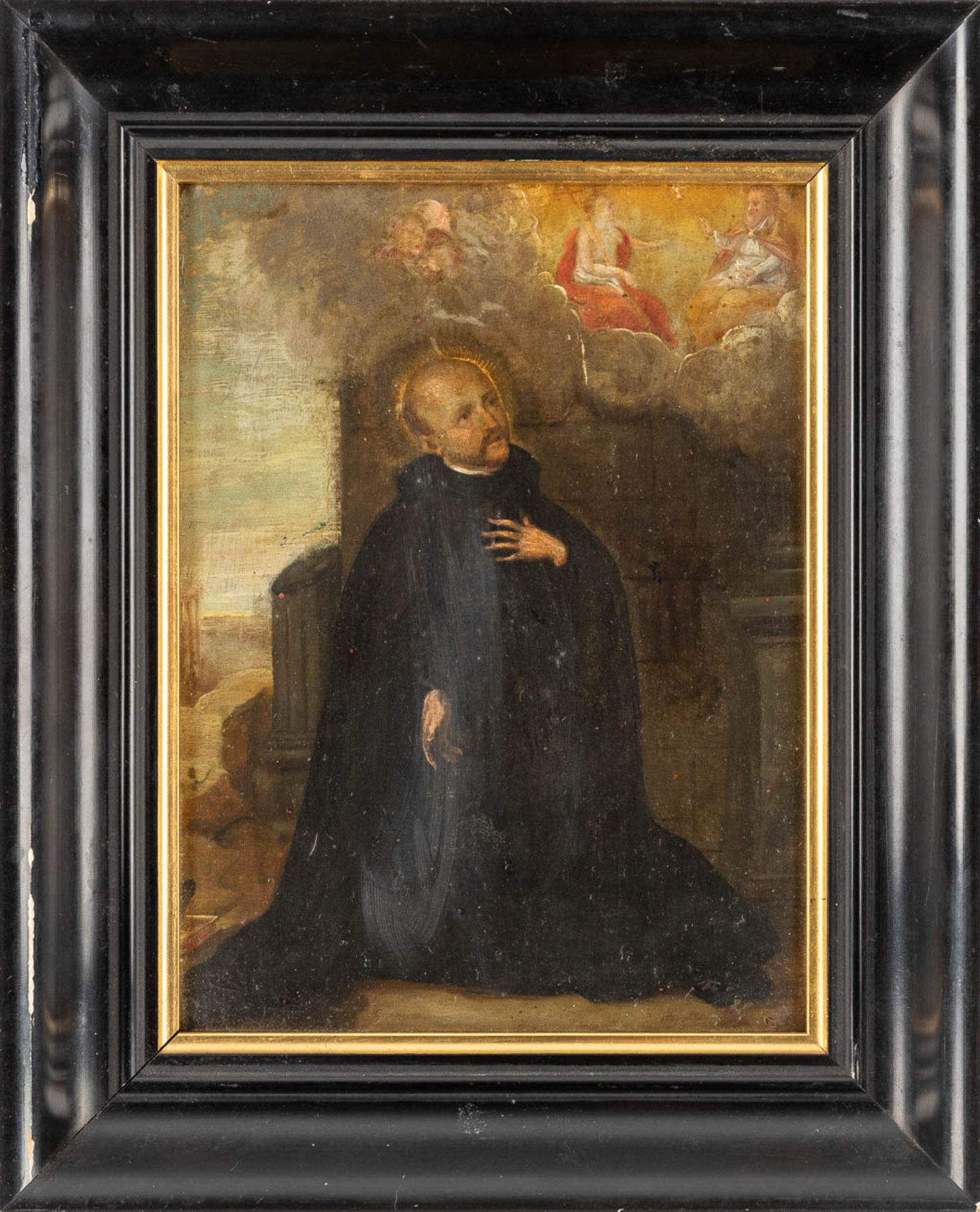 The vision of a saint, an antique painting, oil on copper. 17th century. (W: 17 x H: 22,5 cm) - Image 3 of 7