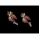 A Pair of 9 ct Gold Chip Stone Ruby and Diamond Spray Earrings