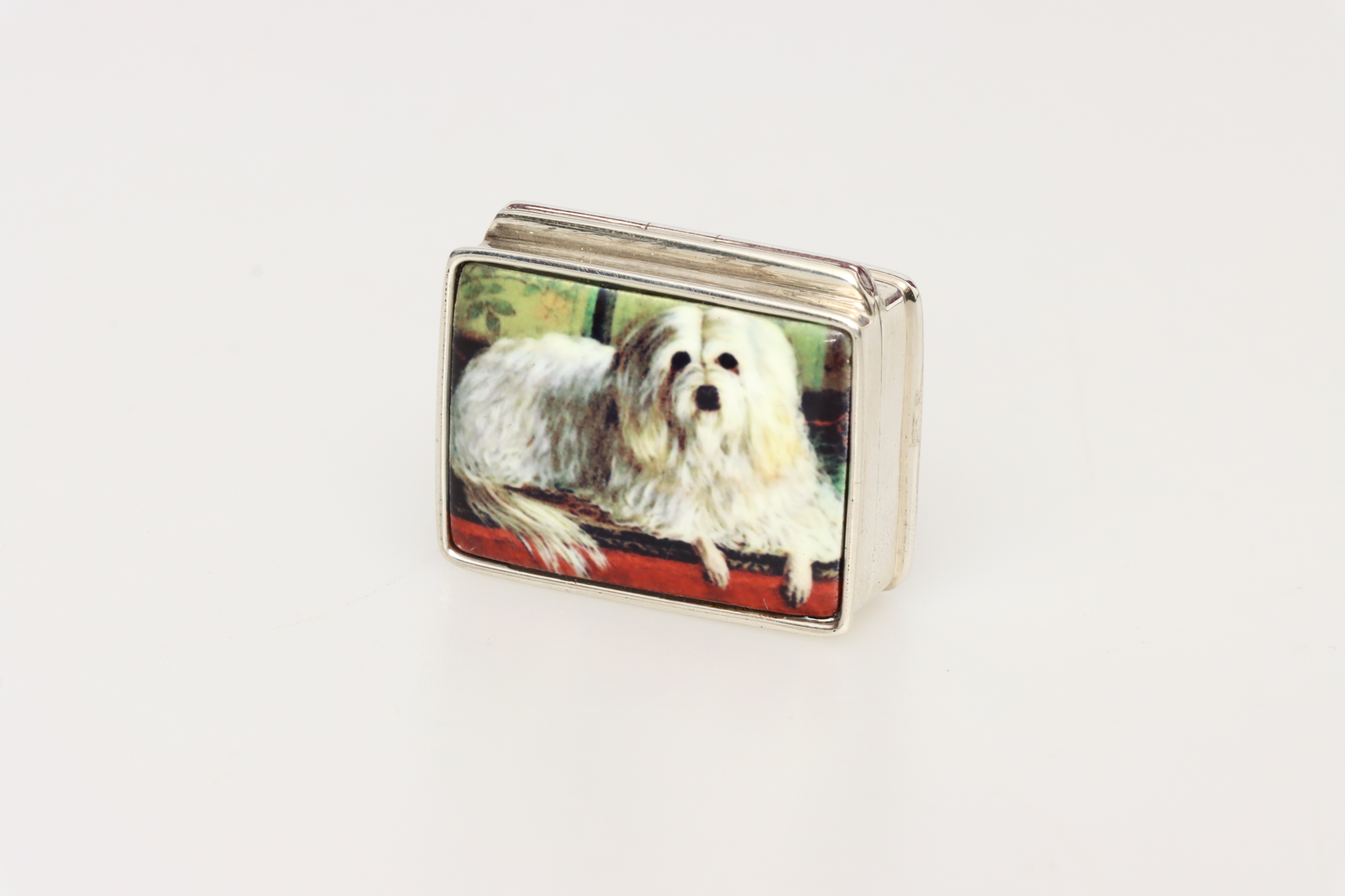 A Silver Pill Box Decorated with Bolognese Terrier,