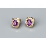 A Pair of 14 ct Gold Oval Cut Amethyst and Diamond Earrings,