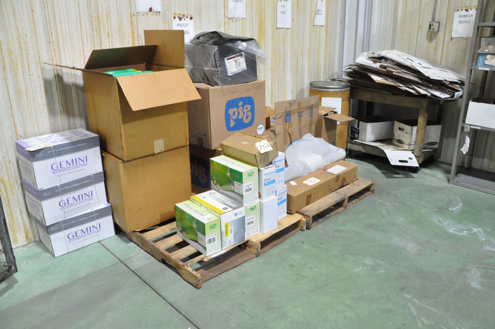 Lot-Printer Paper, Eye Wash Stations, and Pig Mats Absorbent Pads on (2) Pallets, (A-8 Crib)