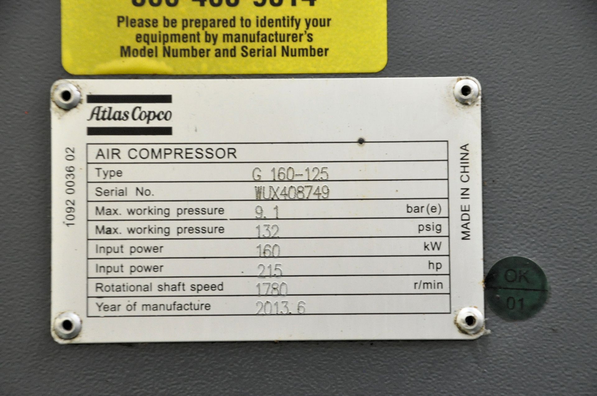 Atlas Copco Type G 160-125, 215-HP, Rotary Screw Air Compressor, S/n WUX408749 (2013), (Air - Image 4 of 4