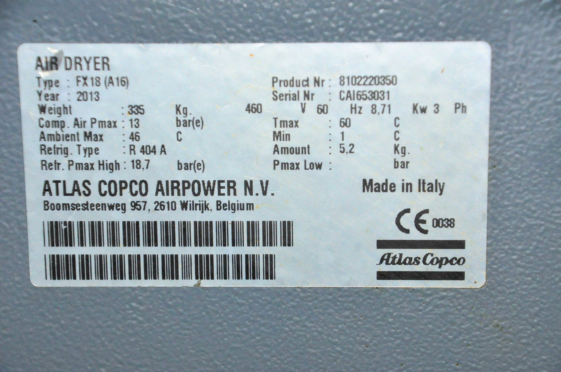 Atlas Copco Type FX18 (A16), Refrigerated Compressed Air Dryer, S/n CAI653031 (2013), (Air - Image 4 of 4