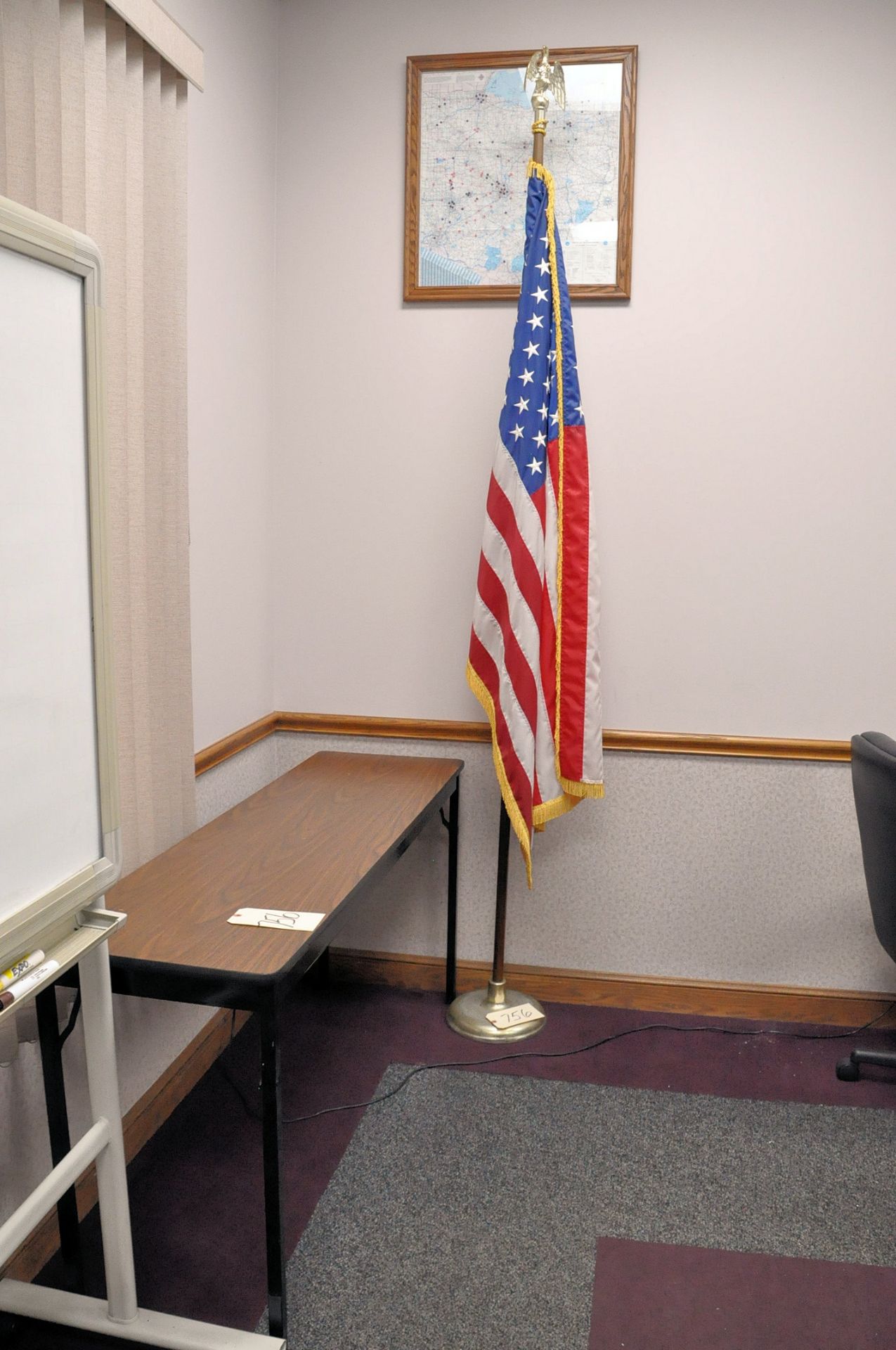 Lot-(1) Table, American Flag and Flag Stand, and Cabinet with Flowers, (Kaneta Conference Room)