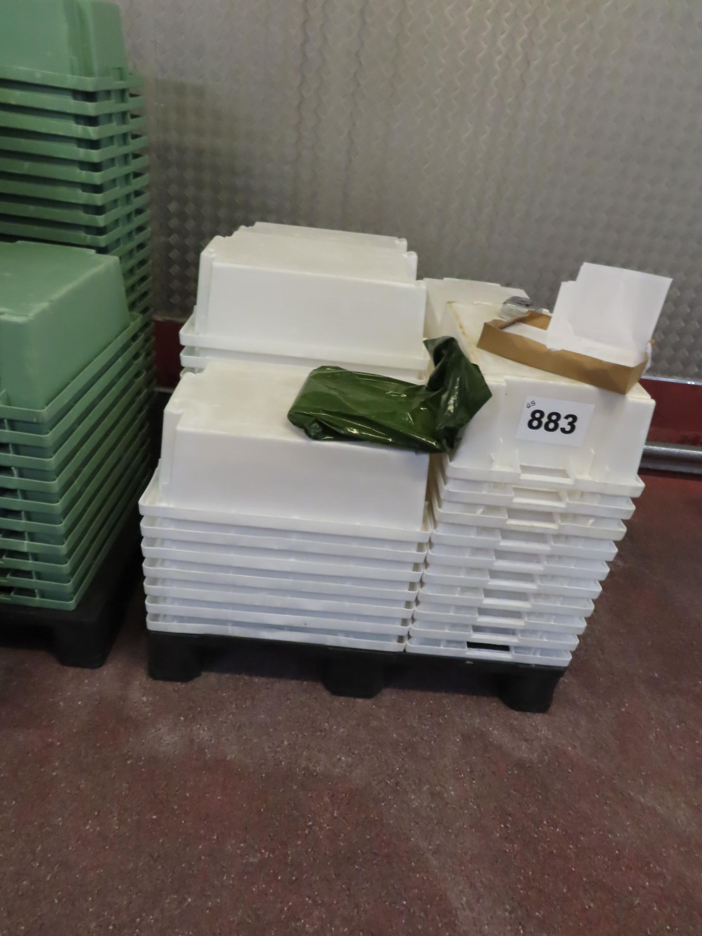 QTY OF 45 WHITE PLASTIC TRAYS.