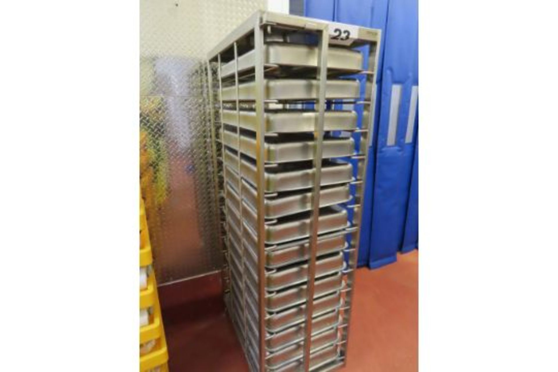 1 x S/s Unitech rack with 14-Gastro trays. Dims approx. 500 mm wide x 800 mm deep