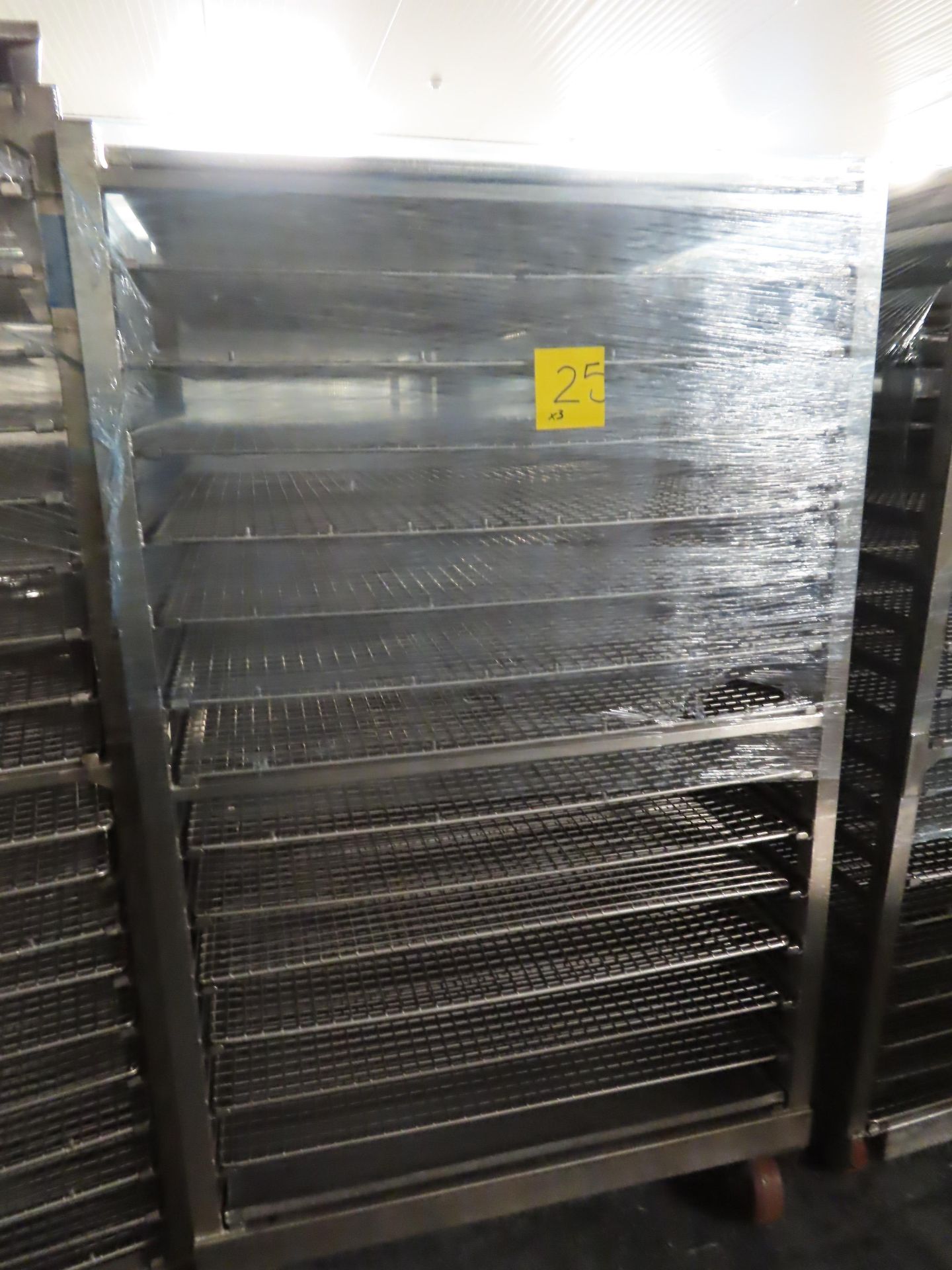 3 X S/S TROLLEYS WITH PERFORATED TRAYS. (57 TRAYS)