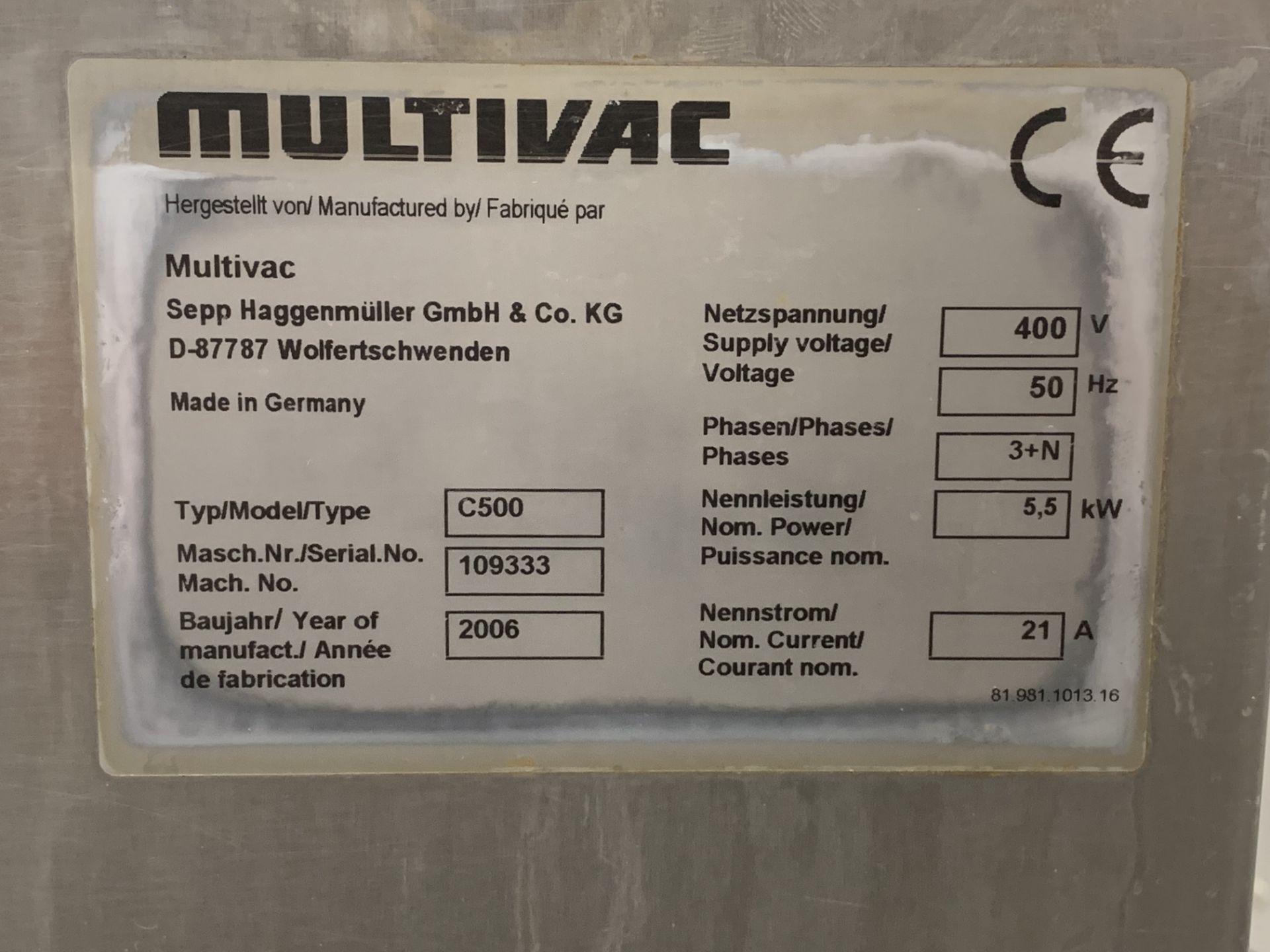 MULTIVAC C500 SWING LID VACUUM PACKER. - Image 3 of 4