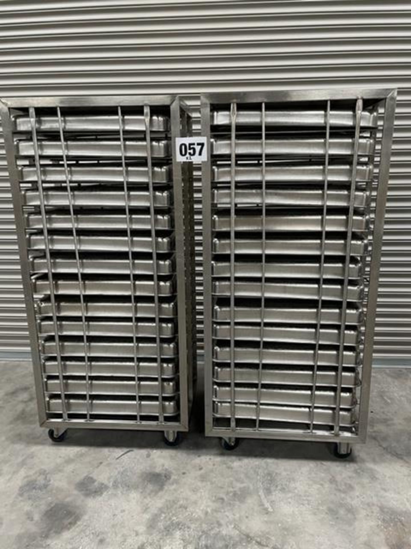 2 X UNITECH S/S RACKS COMPLETE WITH 14 GASTRO TRAYS IN EACH RACK