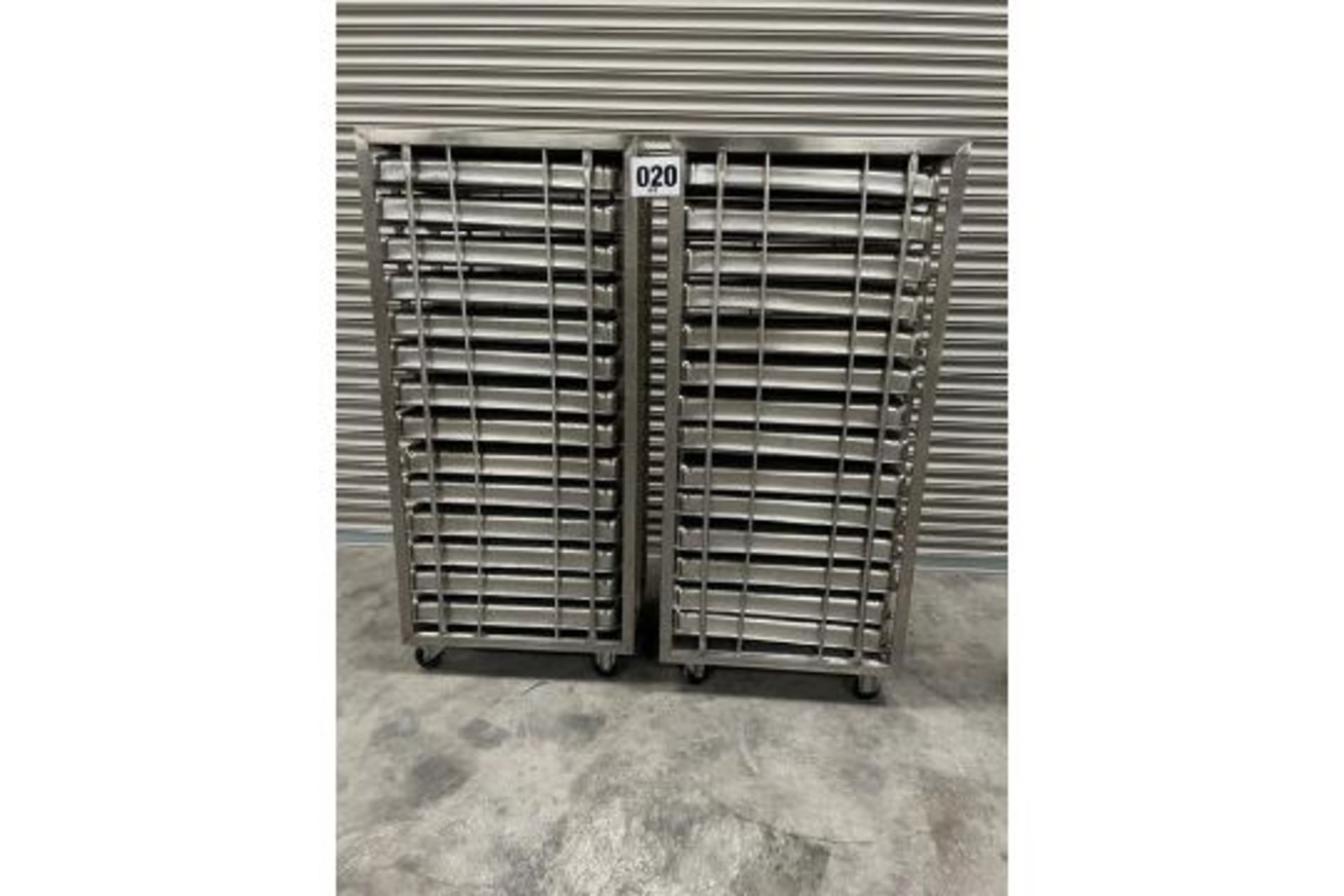 2 X UNITECH S/S RACKS COMPLETE WITH 14 GASTRO TRAYS IN EACH RACK