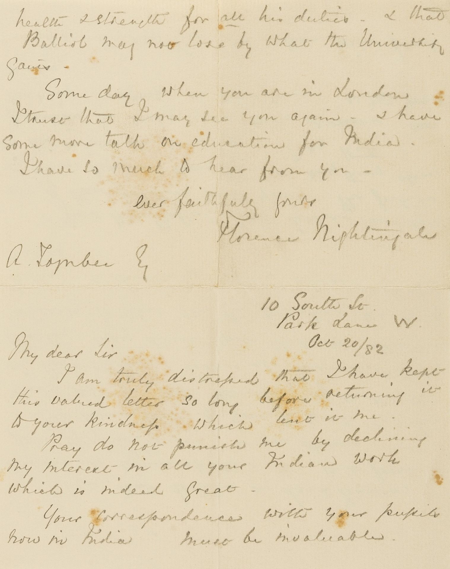 Nightingale (Florence) Autograph Letter signed to Arnold Toynbee, 1882, in his capacity as tutor …