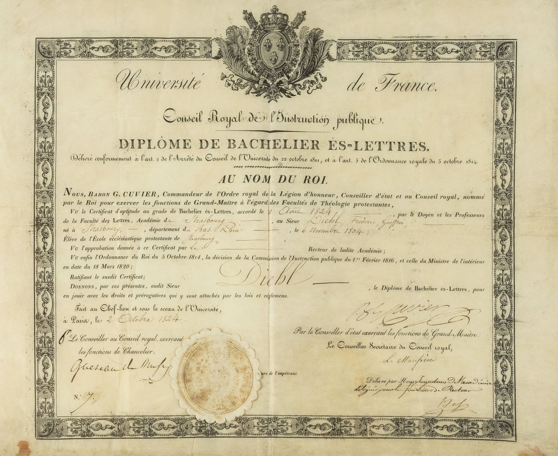 Cuvier (Baron Georges) Diploma signed award of bachelor of letters to Frederic Geoffrei Diehl, in …
