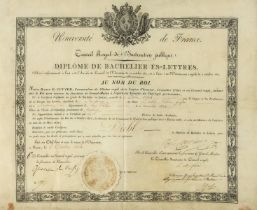 Cuvier (Baron Georges) Diploma signed award of bachelor of letters to Frederic Geoffrei Diehl, in …