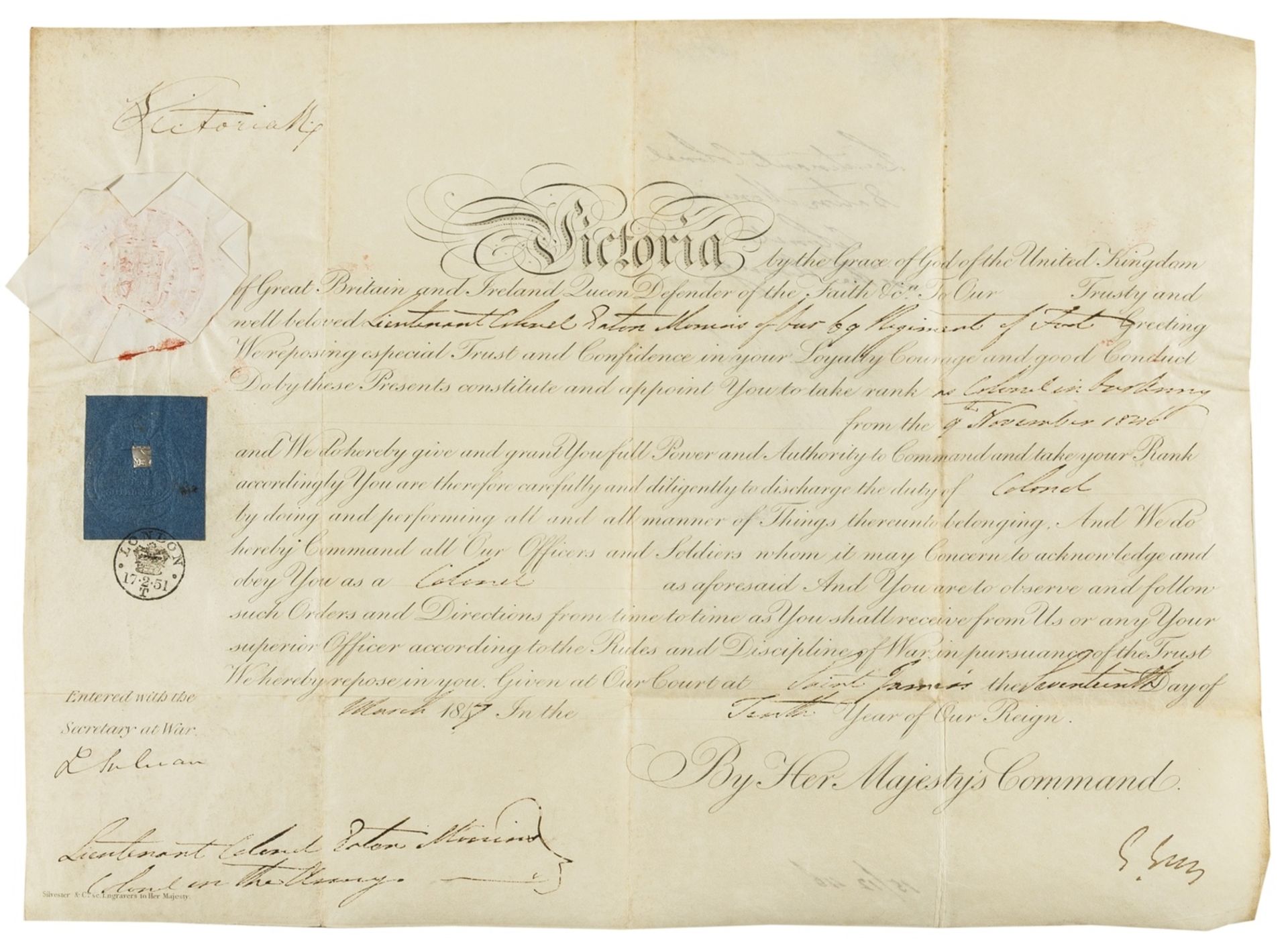 Victoria (Queen) Commission appointing Eaton Monins as colonel in the 69th Regiment of Foot, D.s. …