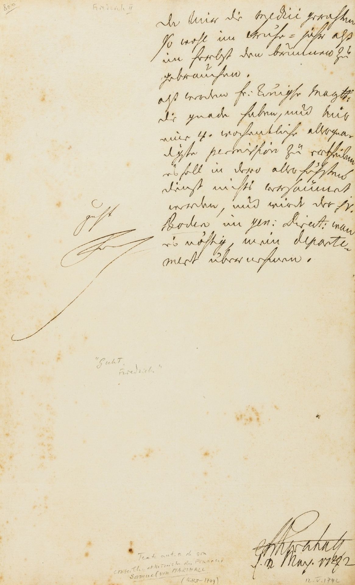 Frederick II (The Great) Agreement to a request regarding a fountain, D.s. "Guht/Frederich" & …