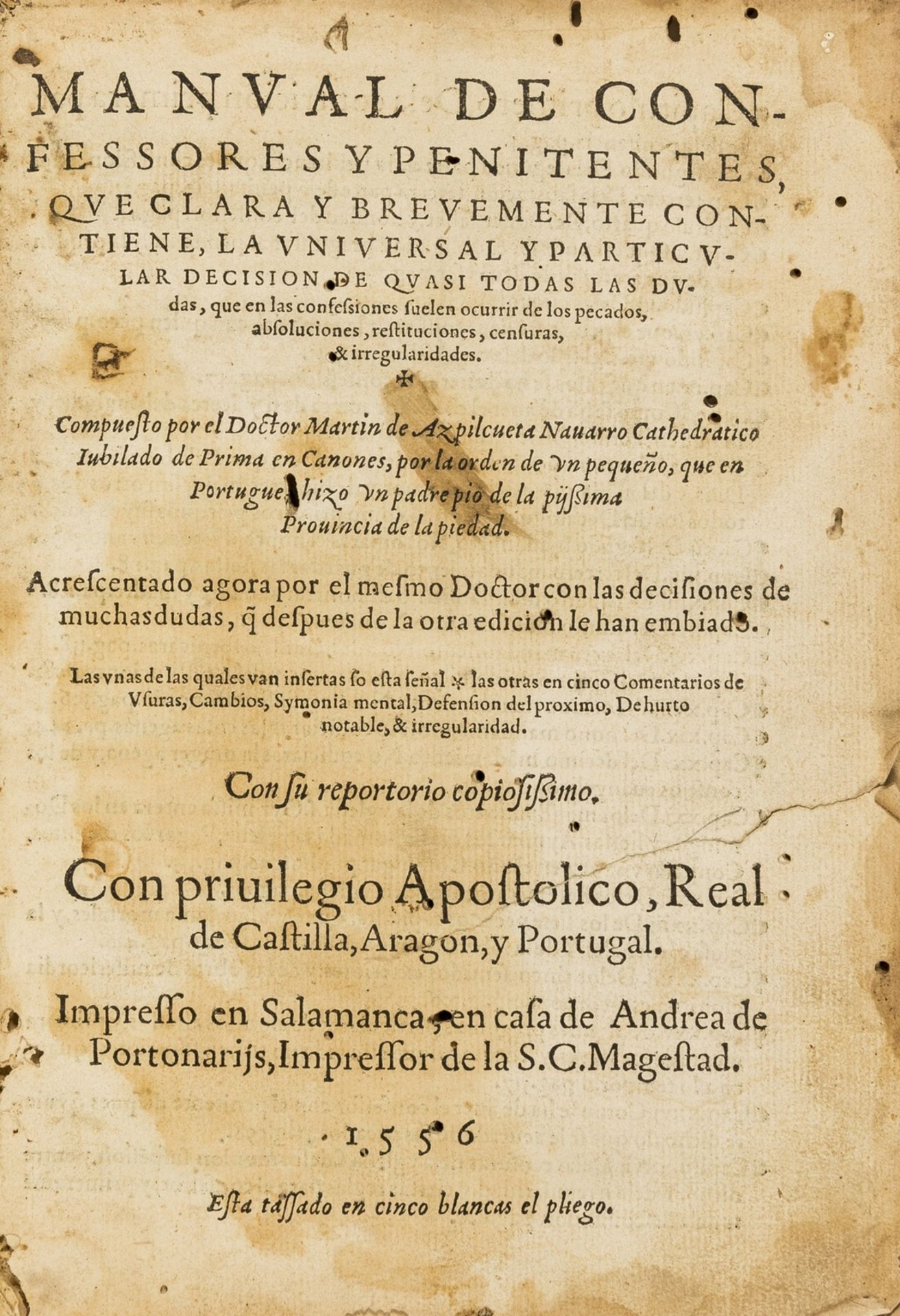 Spanish.- Azpilcueta Navarro (Martin de) Manual de Confessores y Penitentes, 2 vol. in 1, …