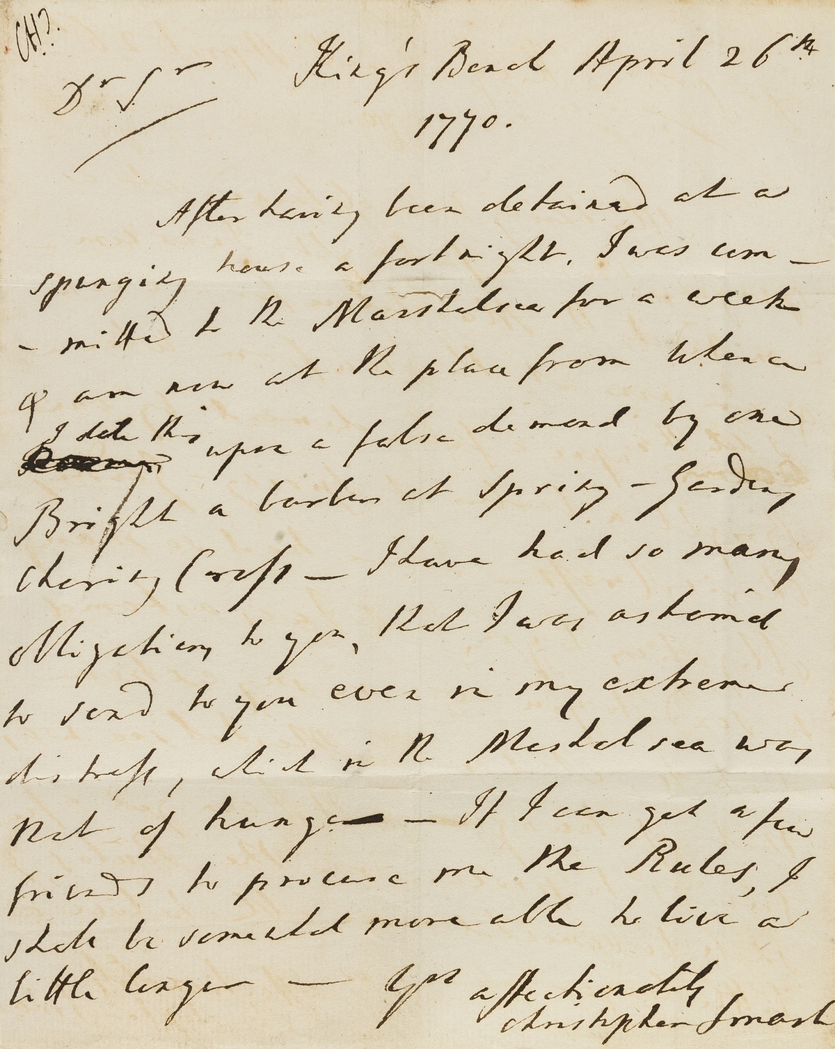 18 century poet detained for debt.- Smart (Christopher) Autograph Letter signed to Sir John Hussey …