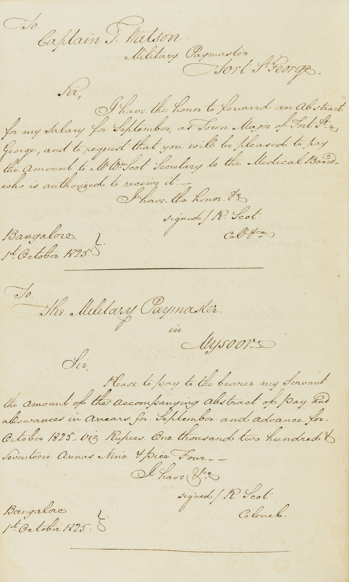 India.- Madras Army.- Scot (Sir Robert, KCB, Major-General, Madras Army) Letter Book, manuscript, …