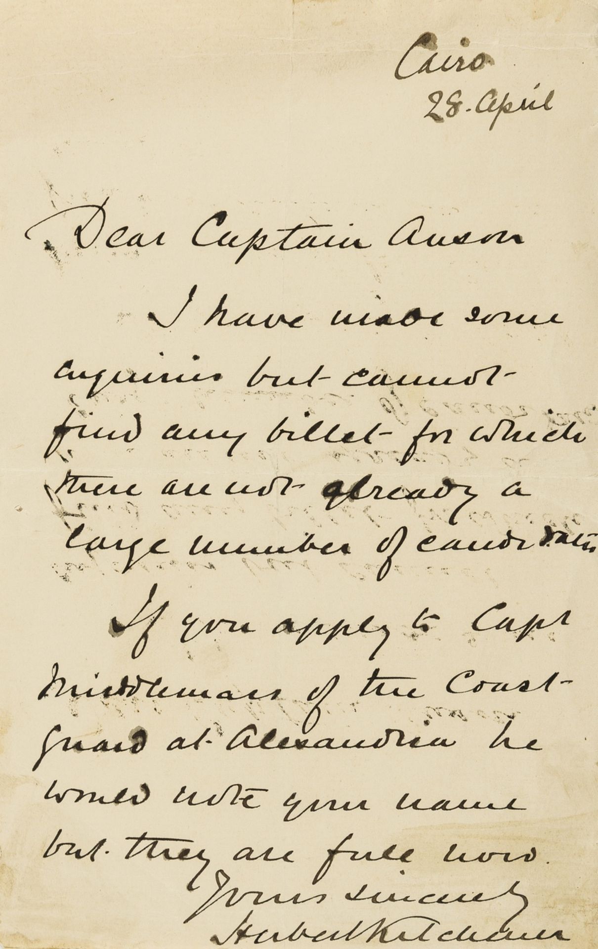 Kitchener (Horatio Herbert, Earl Kitchener of Khartoum) Autograph Letter signed to Captain Anson, …