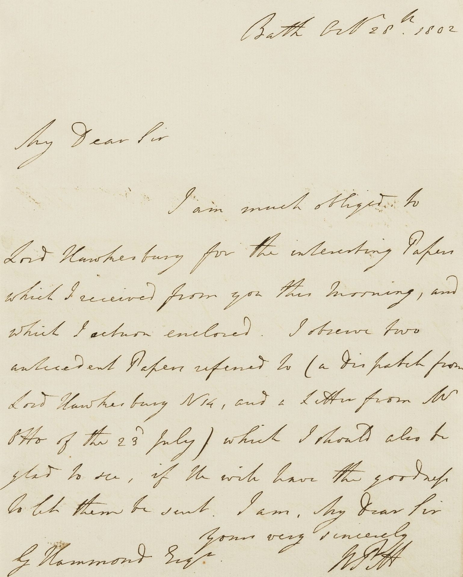 Pitt (William) Autograph Letter signed to G[eorge?] Hammond, 1802, thanking him for papers …