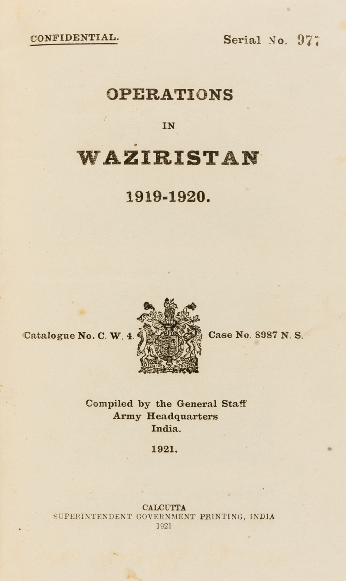 India.- Pakistan .- Operations in Waziristan 1919-1920, Calcutta, 1921.