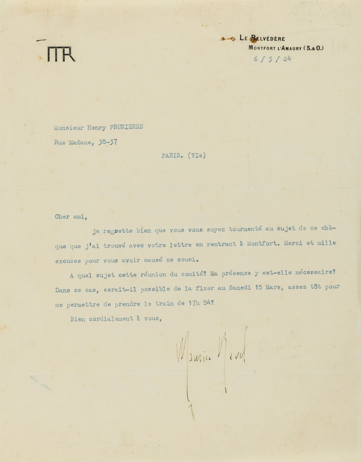 Ravel (Maurice, composer) Typed Letter signed to Henry Prunières, in French, 1924, thanking him …