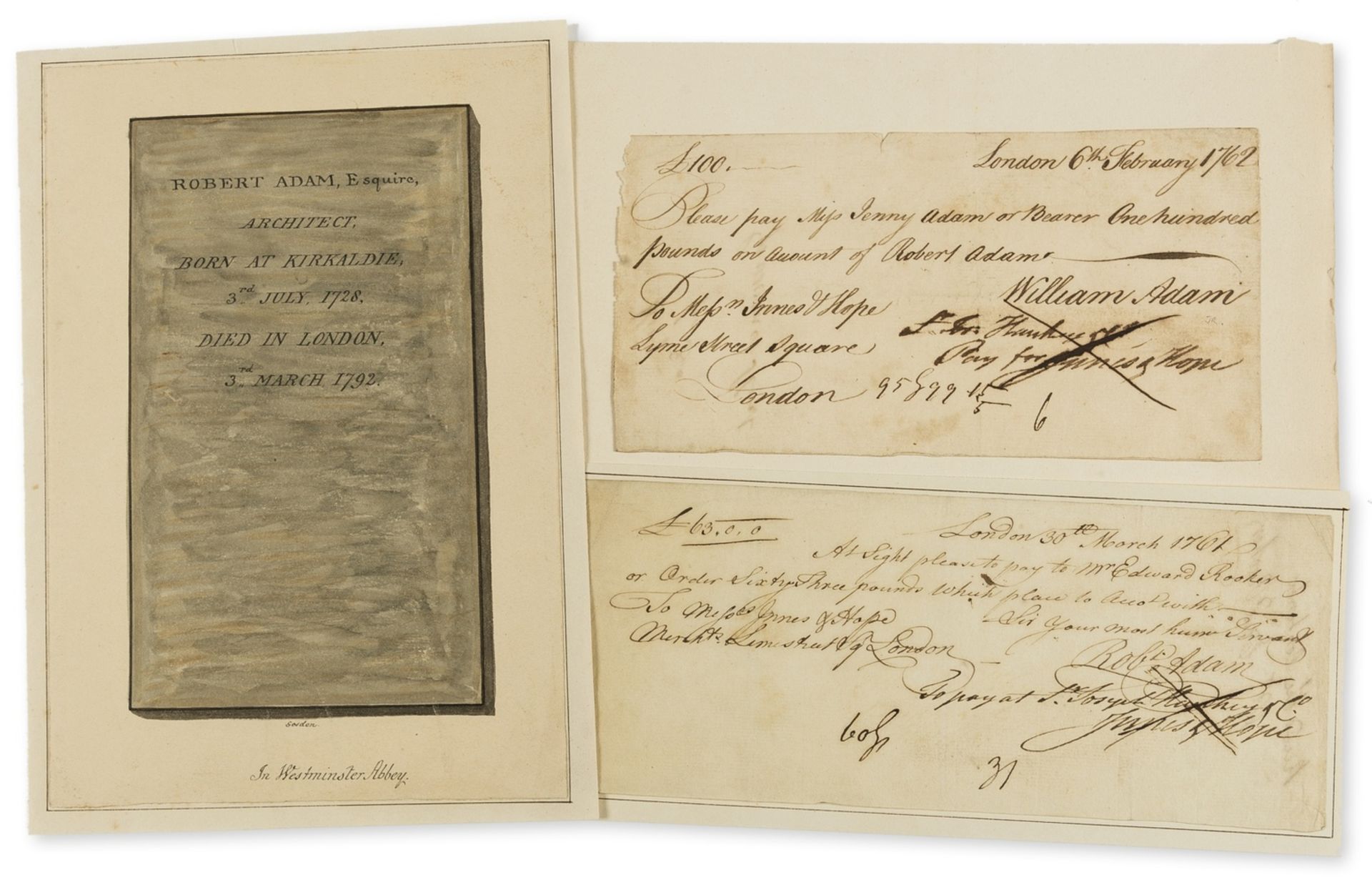 Adam (Robert) Cheque signed made payable to Edward Rooker for sixty-three pounds, drawn on Messrs …