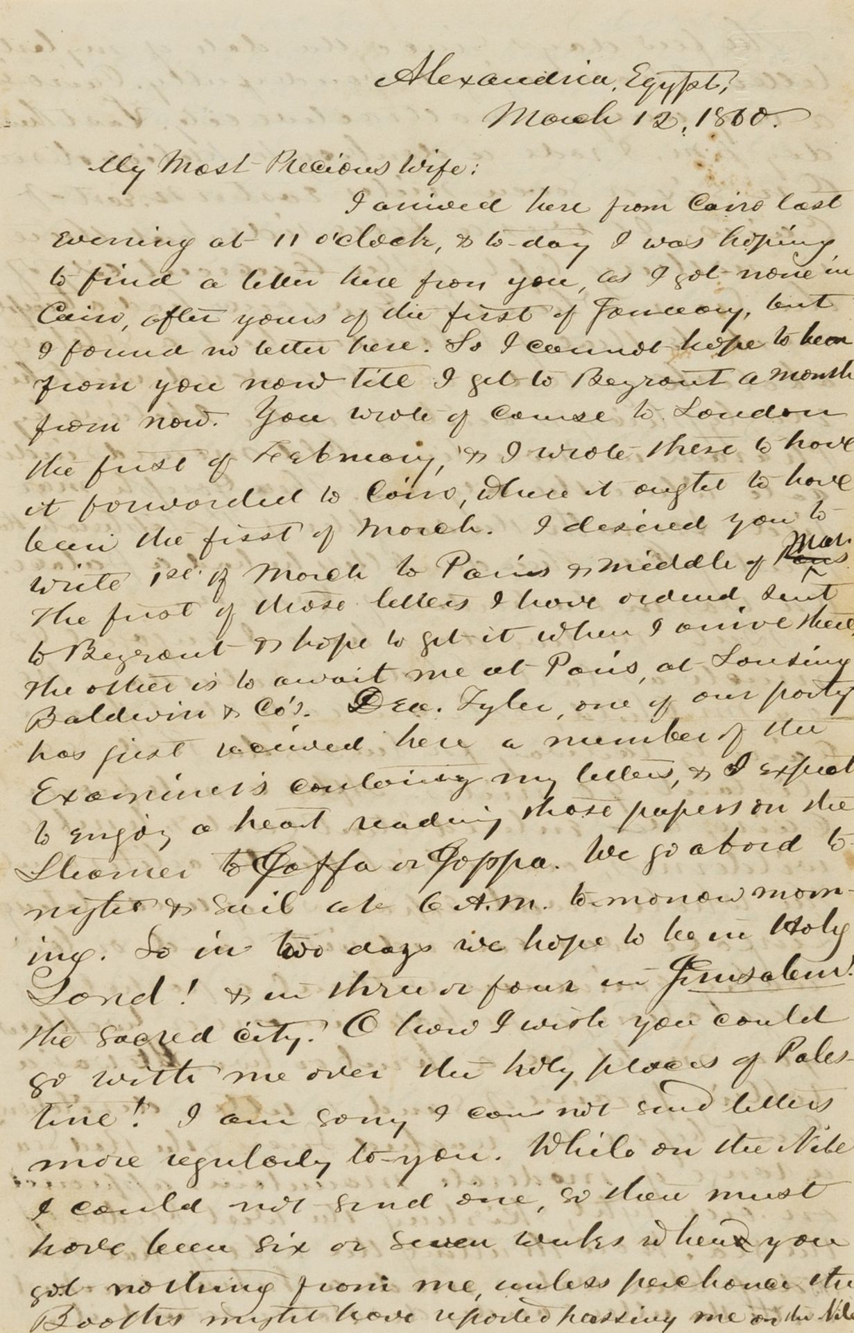 Egypt.- Phelps (Sylvanus Dryden) Autograph Letter signed to his wife, Alexandria, 12th March, 1860.