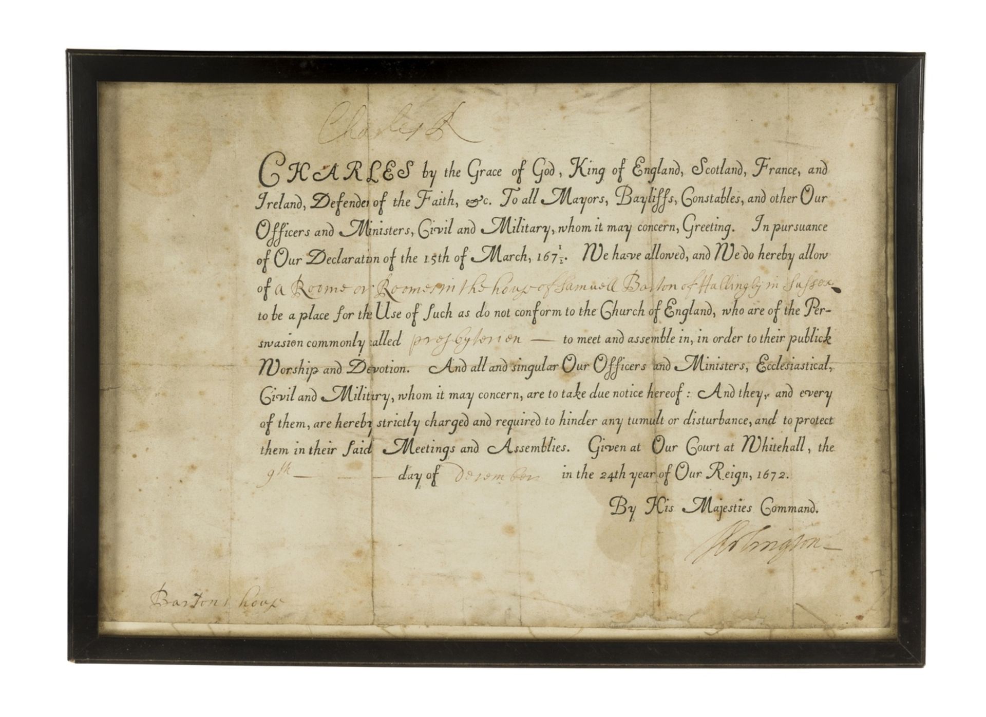 Charles II. Licence signed "Charles R" and countersigned "Arlington" to Samuel Barton, allowing …