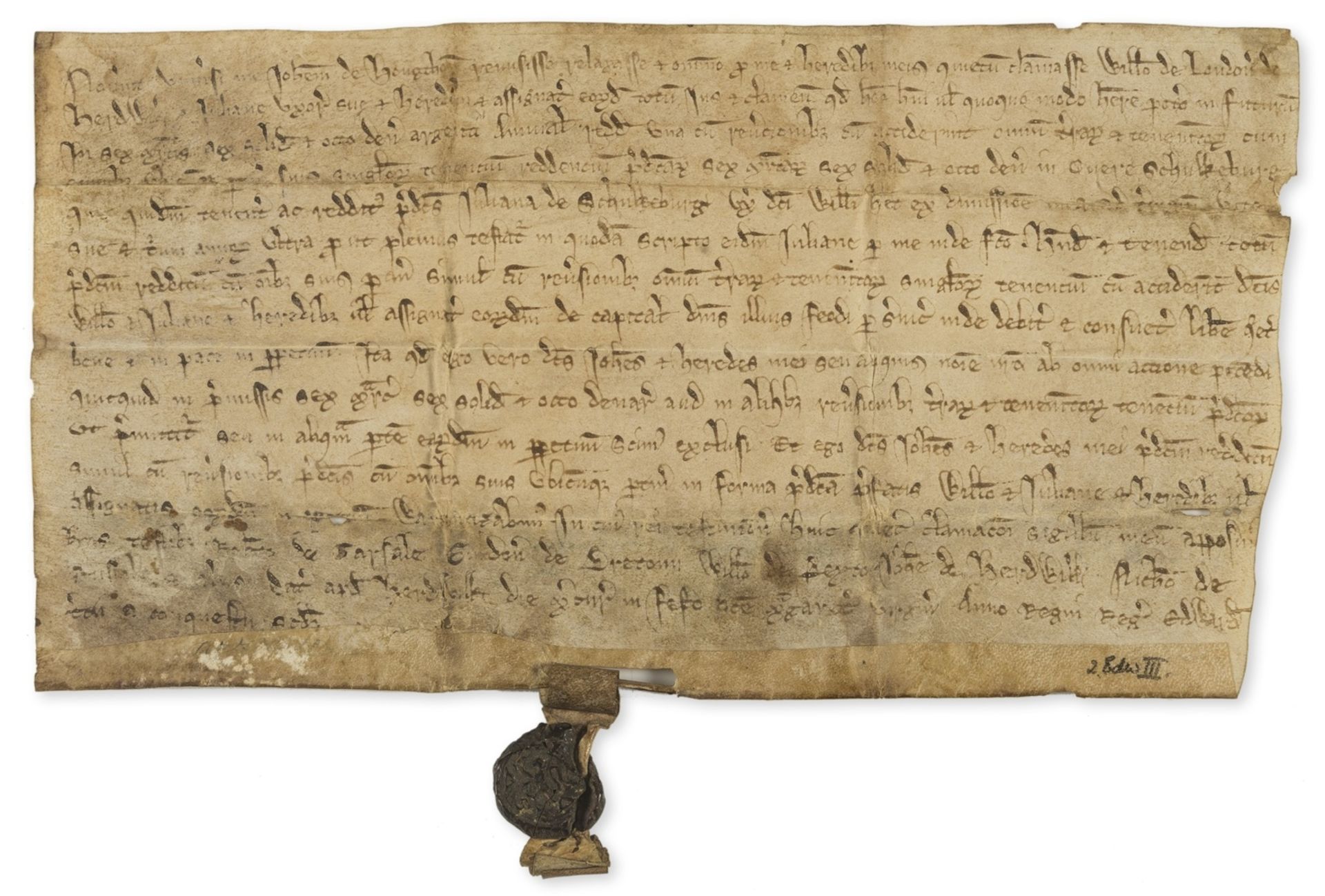 Medieval.- Quitclaim by John de Houghthon to William de Landon of ?Herdwik and Joan his wife, 6 …