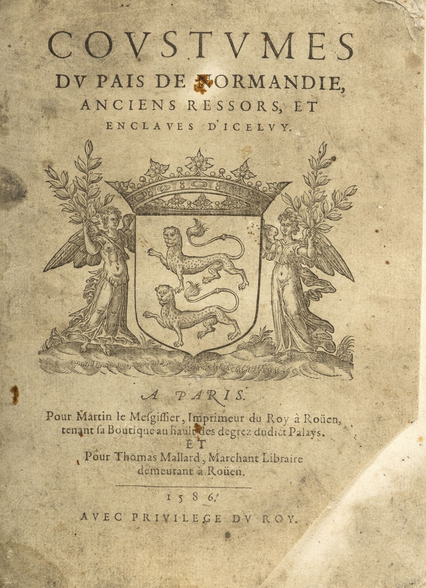 Law.- Coustumes du Pais de Normandie, Anciens Ressors, et Enclaves d'Iceluy, Paris, 1586.